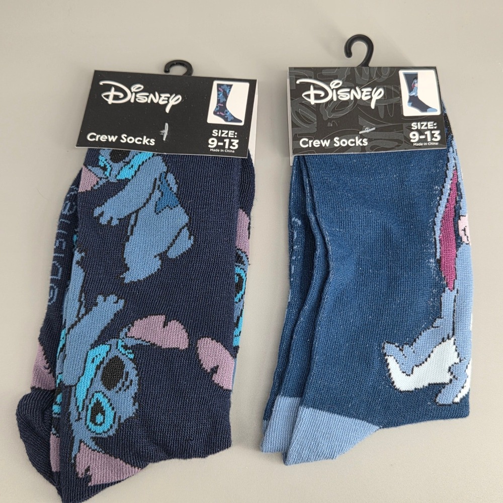 Disney Crew Socks Mens‎ Size 9-13 Stitch and Eeyore 2 Pair Bundle Character Blue